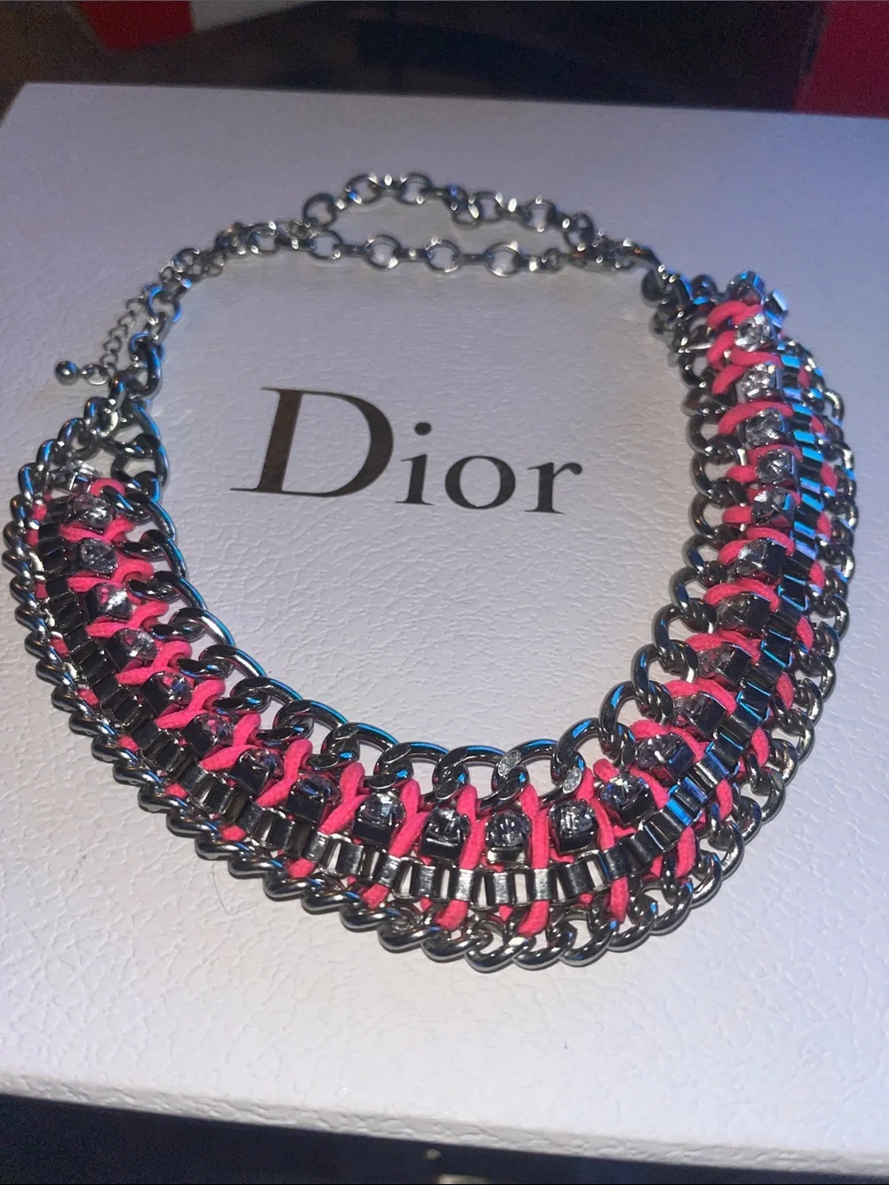Hot Pink Cloth and Silver Chain-Linked Collar Necklace